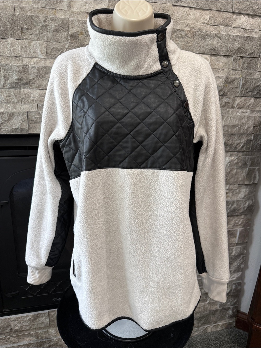Abercrombie & Fitch Asymmetrical Fleece and Leather Snap-up Pullover